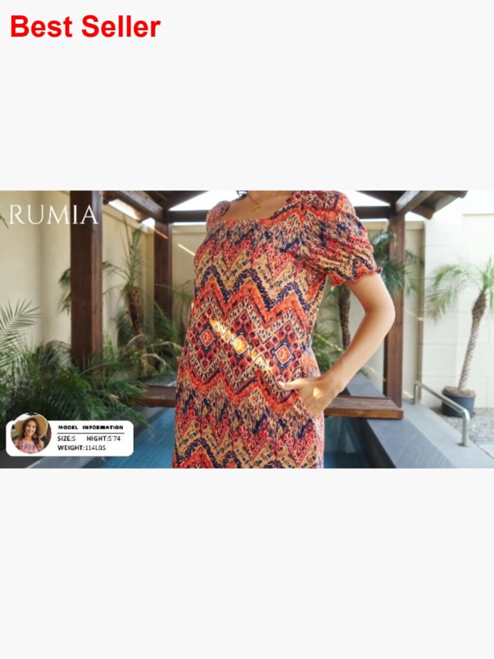 Square Neck Puff Sleeve Midi Dress with Pockets - Picture 6 of 7